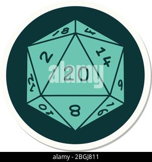 Aufkleber von Tattoo im traditionellen Stil eines d20 Würfel Stock Vektor