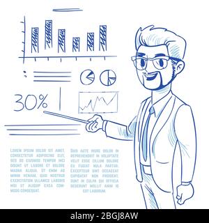 Geschäftsmann präsentiert Unternehmensentwicklung Charts. Hand Zeichnung Mann und Grafik Hintergrund. Banner und Poster zur Kreativität. Vektorgrafik Stock Vektor