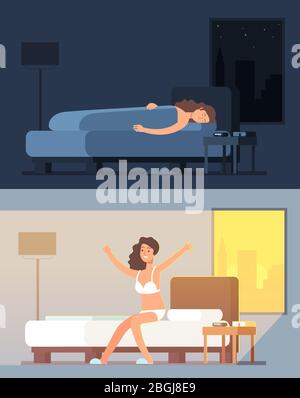 Frau schlafen und träumen im Bett in der Nacht und aufwachen in Morgen Cartoon Vektor-Konzept. Illustration von Charakter Traum und wach im Schlafzimmer Stock Vektor