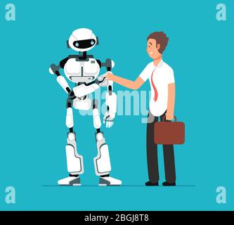 Geschäftsmann schüttelt Roboter Hand. Künstliche Intelligenz, Mensch vs Roboter Vektor futuristischen Hintergrund. Illustration von robotischen zukünftigen Cyborg und Mensch Stock Vektor