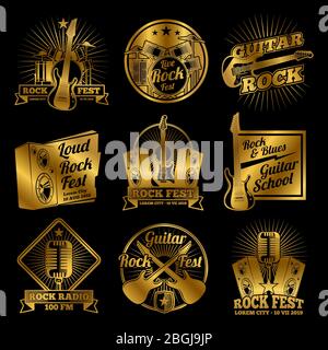 Goldene Rock and Roll Musik Vektor-Etiketten auf schwarzem Hintergrund oder auf weiß isoliert gesetzt Stock Vektor