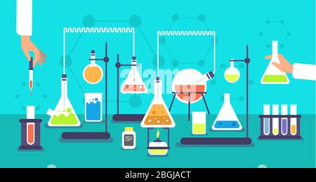 Chemische Ausrüstung in chemischen Analyselabor. Wissenschaft Schule Forschung Labor Experiment Vektor Hintergrund. Analyse Experiment, Laborforschung Chemie Illustration Stock Vektor