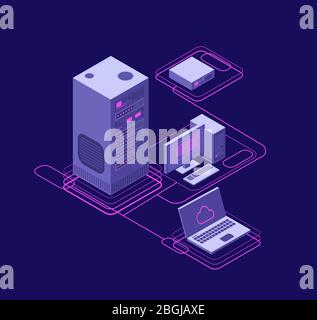 Computersynchronisierung, Verwaltung von Datennetzwerken. Isometrische Geräte, Netzwerkserver. Vektorkonzept für Cloud-Speichertechnologie. Prozessdatenbankkommunikation in der Darstellung Hosting Stock Vektor