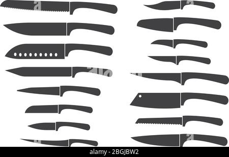 Küchenmesser Set. Koch und Metzgermesser Silhouette Vektor isoliert Symbole. Abbildung des Stahl-Schneide-Werkzeugs, scharfes Utensil Stock Vektor