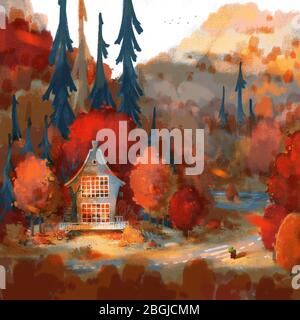 Gemütliches Haus im Herbstwald. Bunte Herbstlandschaft. Stockfoto