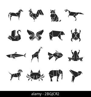 Abstrakte Tiere Silhouetten mit Liniendetails. Tiersymbole auf weißem Hintergrund isoliert. Set von Tattoo Hund und Fisch, Schildkröte und Hahn Illustration Stock Vektor