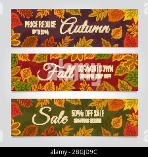 Banner für Herbstverkauf. Herbst Angebot und Saison Rabatte Werbung Hintergrund mit gelben Blättern. Vektor-Set Rabatt und Angebot Banner, Saison Verkauf Illustration Stock Vektor