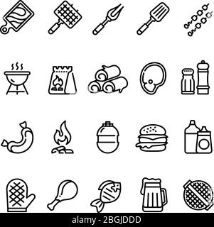 Symbole für heiße Grillpartie und Grilllinie. BBQ Outdoor Küche Vektor isoliert Symbole. Essen Wurst und Burger, Grill Picknick-Symbol lineare Illustration Stock Vektor