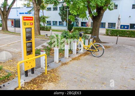 BRATISLAVA (SLOWAKEI) – OKTOBER 06 2019: Gelbes öffentliches Fahrrad in der Andockstation unter Baum in der Nähe des Parkplatzes gesperrt Stockfoto