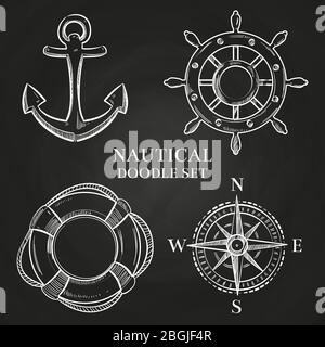 Nautische Doodle-Elemente auf der Tafel. Vektor-Handrad, Anker, Kompass und Rettungsring Illustration Stock Vektor