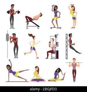 Fitness Menschen Vektor Cartoon Figuren Set. Männliche und weibliche Athleten isoliert auf weißem Hintergrund. Sport Mann Charakter, Frau Training Laufen, Joggen und Stretching Illustration Stock Vektor