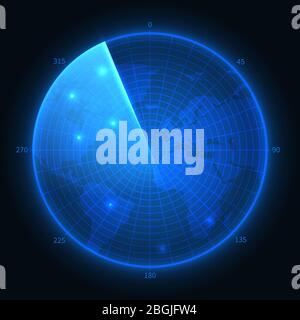Radarbildschirm. Militärisches blaues Sonar. Vektorkarte der Navigationsschnittstelle. Abbildung des Navigationsmonitors, militärischer digitaler Ausrüstung Stock Vektor