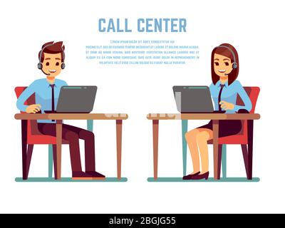 Lächelnde junge Frau und Mann mit Headset im Gespräch mit dem Kunden. Comic-Figuren für Call Center-Konzept. Vector Support Service, Online-Telefon Berater Illustration Stock Vektor