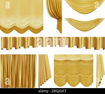 Goldene Bühnenvorhänge. Realistische Interieur Luxus Gold Samt Vorhänge, Gold Royal Seide dekorative Elemente Vektor Illustration Set Stock Vektor