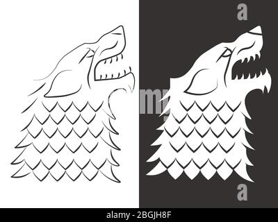 Design mit Wolf-Kopf im Wappendesign. Linie und Silhouette Wolf. Vektorgrafik Stock Vektor
