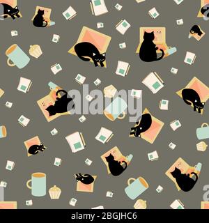Niedlicher Cartoon-Kater und Laptop-Vektor nahtloser Hintergrund. Schwarzfeline unterbricht den Arbeitsfluss im Büro. Handgezeichnete, pinkfarbene gelbe Farbe Stock Vektor