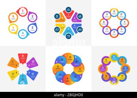 Infografiken mit Pfeil-Optionen. Informationstabellen mit Farbabschnitten. Business Vector-Prozesse mit Schritten. Kreisdiagramm Kreis, kreisförmige runde Diagramm Farbdarstellung Stock Vektor