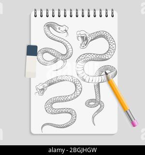 Handgezeichnete Schlangen auf realistischer Notizbuchseite mit Bleistift und Radiergummi. Tier Schlange Tattoo Skizze, Reptil Zeichnung Viper, Vektor-Illustration Stock Vektor