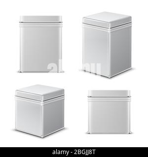Blechdose. Rechteckiger weißer Metallbehälter. Lebensmittel-Paket Vektor isoliert Mockup. Blankobox aus Stahl, Kanister und Glas Modell für Produktdarstellung Stock Vektor