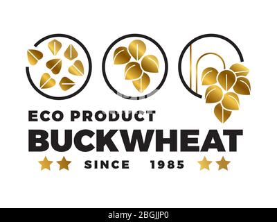 Schwarz und Gold Buchweizen Logo Design. Eco Buchweizen-Etikett auf weißem Hintergrund isoliert. Vektorgrafik Stock Vektor