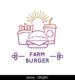 Farbenfrohes Fast-Food-Restaurant und Café-Vektorlogo im linearen Stil. Frische Burger, Getränk und Kartoffeln isoliert auf weißem Hintergrund Illustration Stock Vektor