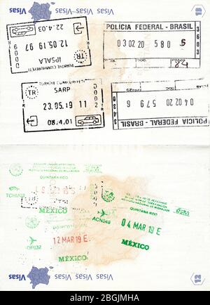 Briefmarken der Türkei, Brasilien und Mexiko in Französisch Reisepass Stockfoto