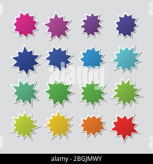 Leere bunte Papier Starburst Ballons, Explosion Formen. Cartoon platzen Sprechblasen. Boom Verkauf Aufkleber Vektor-Set isoliert. Starburst und Sunburst farbige Aufkleber Illustration Stock Vektor