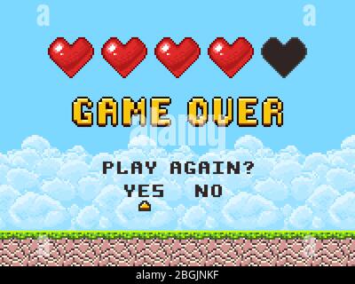 Spiel über Pixel Kunst Arcade-Spiel Bildschirm Vektor-Illustration. Arcade Retro Banner, digitales Pixel 8 Bit Stock Vektor