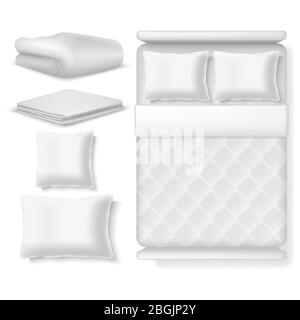 Weiße, realistische Bettwäsche, Blick von oben. Bett mit Decke, Kissen, Bettwäsche und gefaltetem Handtuch. Vektorgrafik isoliert. Schlafzimmer mit Kissen und komfortabler Decke Stock Vektor