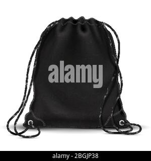 Sportrucksack, Rucksack Tasche mit Kordelzug. 3d Schultasche in Schwarz. Isolierte Vektordarstellung. Rucksack und Rucksack, Rucksack Schulter Stock Vektor