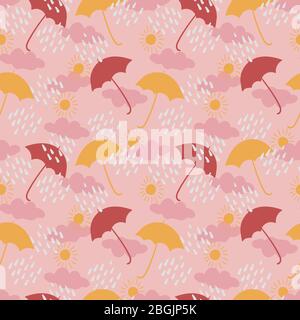 Regenschirme, Wolken, Regen und Sonnen nahtlose Vektormuster Stock Vektor