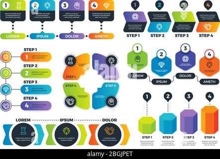 Infografik-Optionen. Pfeildiagramme, abstrakte Prozessdiagramme und Strategieinfogramme mit Schritten. Vektorvorlage für Geschäftspräsentation. Angeschlossenes Diagramm und Infografik, Infobart Workflow Stock Vektor