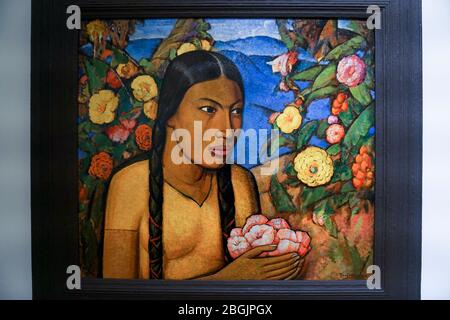 "Juanita unter den Blumen" Öl auf Papier von Alfredo Ramos Martinez, im Soumaya Museum (Museo Soumaya) in Mexiko-Stadt, Mexiko. Stockfoto