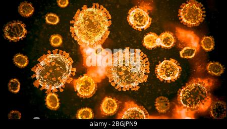 Orange mikroskopische COVID-19 Coronavirus Moleküle - NCoV Influenza Virus Pathogene unter Labor Medizinisches Mikroskop - 3D Illustration Stockfoto