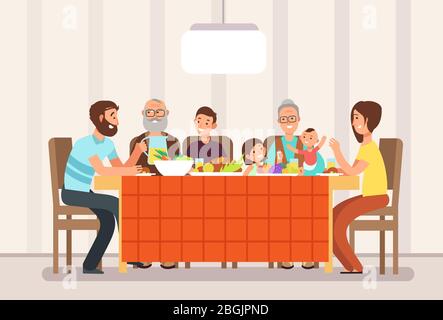 Große glückliche Familie Essen Mittagessen zusammen im Wohnzimmer Cartoon Vektor Illustration. Mittagessen Familie, Vater Mutter mit Kindern und Eltern Stock Vektor