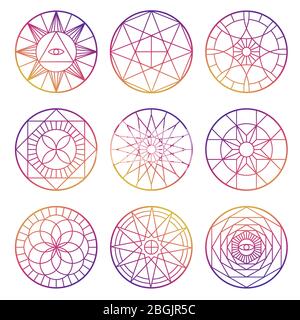 Set von bunten esoterischen geometrischen Pentagrammen Vektor-Design isoliert Illustration Stock Vektor