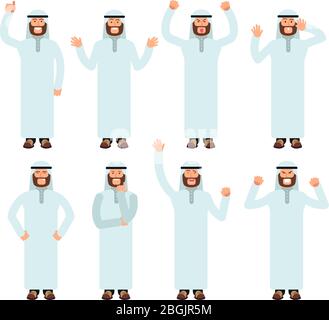 Arabischer Mann mit verschiedenen Handgesten und Gesichtsemotionen. Männliche muslimische Vektorzeichen gesetzt. Arabische Charakter Pose und Gestik Illustration Stock Vektor