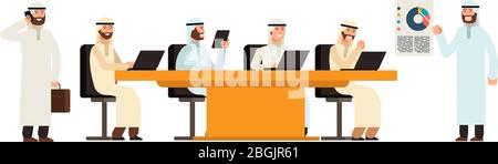 Arabische Geschäftsleute Gruppe am Tisch in Bisiness Treffen. Arabisch saudi Männer Cartoon Vektor-Charaktere. Gruppe Geschäftsmann saudi-Team im Büro Illustration Stock Vektor