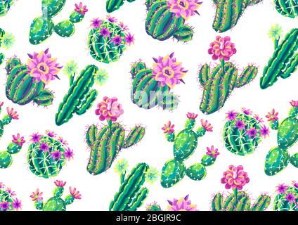 Nahtloses Muster mit Kakteen und Blumen. Stock Vektor