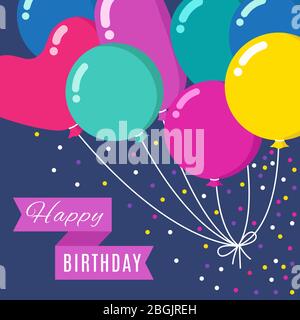 Bunte Cartoon Bündel von Ballons fliegen in Himmel mit Happy Birthday Banner. Einladungskarte für Vektorgrafiken Poster mit farbigem Ballon für Party Event Illustration Stock Vektor