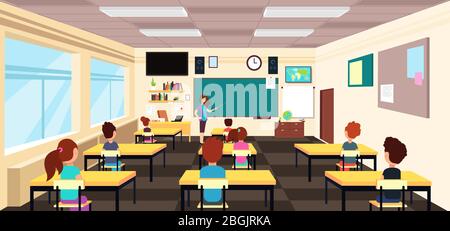 Lehrer an der Tafel und Kinder an den Schultischen im Klassenzimmer. Cartoon Vektor Illustration. Schulklasse mit Tafel und Lehrer Stock Vektor