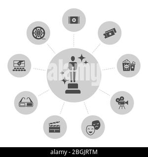 Filmsymbole eingestellt. Hollywood Kino Silhouette Symbole der Sammlung Vektor-Design-Illustration Stock Vektor