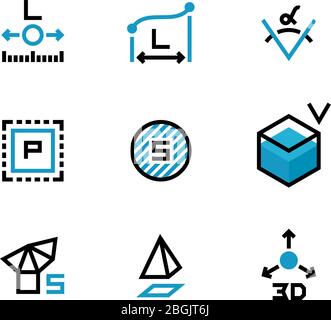 Quadratische Fläche, Größe, Oberflächenbereiche, 3d-Dimension, Winkel und Perimeter-Messung Vektorsymbole isolieren. Abbildung der Symbolfläche, Messsymbol Stock Vektor