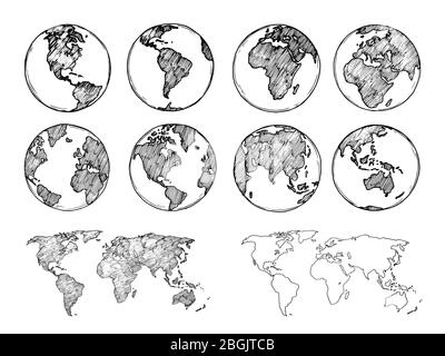 Globus Skizze. Handgezeichneter Erdplanet mit Kontinenten und Ozeanen. Doodle Weltkarte Vektor Illustration. Planeten- und Weltkarte mit Meer und Land Stock Vektor