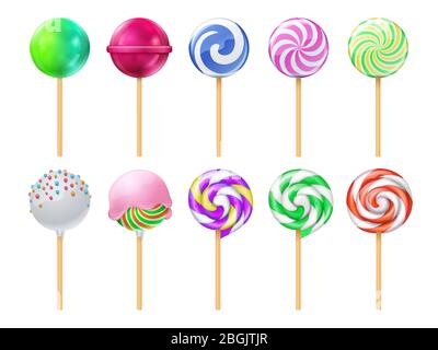 Dulce-Lutscher. Sweet Sugar Candy Stick isoliert Vektor-Set. Lollipop Dessert auf Stick, Karamell gestreifte Illustration Stock Vektor