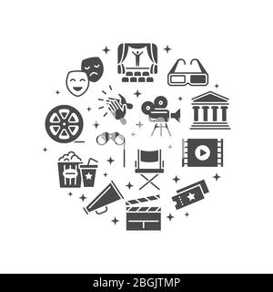Hollywood Film, Theater-Performance und Unterhaltung rund Symbole Konzept isoliert auf weißem Hintergrund. Vektorgrafik Stock Vektor
