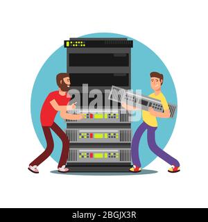 Zwei männliche Server-Administratoren arbeiten mit Datenbank. ES flache Vektor-Illustration Stock Vektor