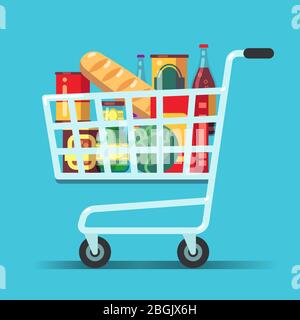 Voll Supermarkt Warenkorb. Einkaufswagen mit Lebensmitteln. Vektorsymbol für Lebensmittelgeschäfte. Abbildung von Trolley und Wagen für Supermarkt, Lebensmittel aus dem Lebensmittelmarkt Stock Vektor