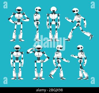 Roboterfigur. Cartoon Roboter-Mechanismus, humanoide Vektor-Set. Humanoid und Cyborg, Charakter Roboter mechanische Illustration Stock Vektor