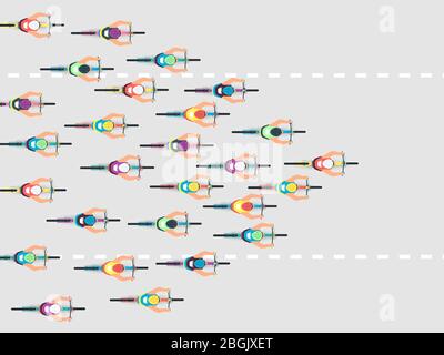 Radrennen. Gruppe von Athleten auf Fahrrädern. Personen, die auf der Straße in der Ansicht von oben Radfahren. Vektor Sport Hintergrund. Fahrrad Sport Wettbewerb, Radfahren Rennen Geschwindigkeit Illustration Stock Vektor